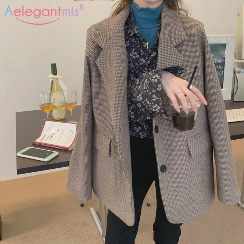 Aelegantmis Vintage Plaid Blazers Women Loose Office Lady Jackets Casual Korean Blazers Outerwear Work OL Pockets Rayon Jacket Velvet Jacket Corduroy Jacket