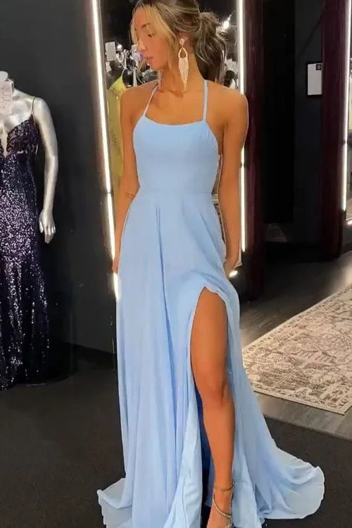 Sky Blue Chiffon Prom Dresses Halter Sheath Long Evening Party Dress OK1937 sweetheart Neckline Romantic