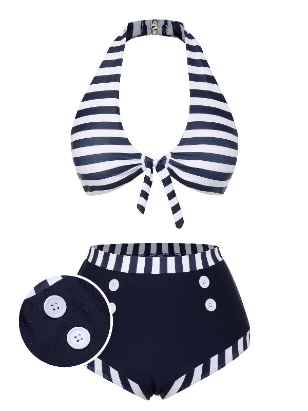 Dark Blue 1930s Stripes Halter Buttons Swimsuit Stylish Swimsuit Set