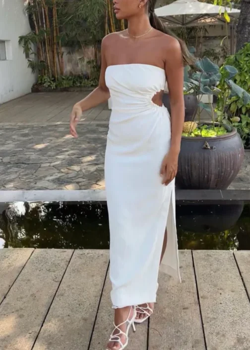 White Strapless Cut Out Elegant Party Dress with Slit, DP2417 Tunics Handmade artisanal