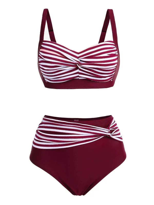 1950s Stripe Twisted Patchwork Strap Swimsuit Deep-V Swimsuit Design