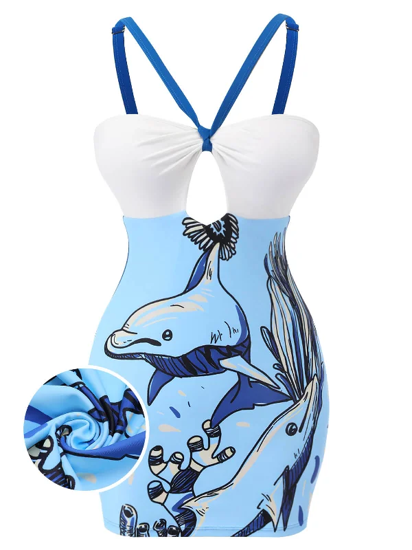 Blue 1940s Dolphin Halter One-piece Swimsuit Classic Sporty Swimsuit