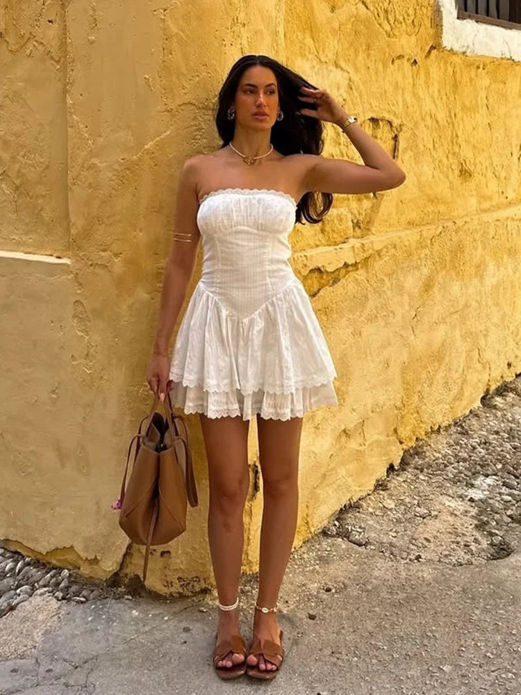 Advbridge White Lace Dress Women Strapless Sleeveless Short Summer Dress Corset Cotton Mini Beach Casual Vestidos Party Dress 2025 Tunics Trendy modern
