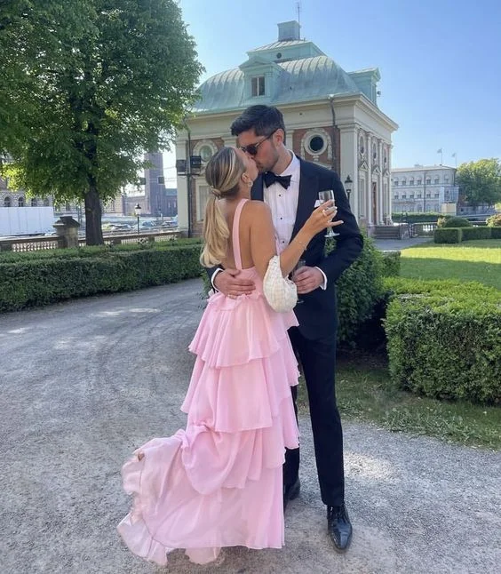 Elegant Pink Chiffon A-Line Layers Backless Long Party Dress,DP1940 Tunics Designer luxury