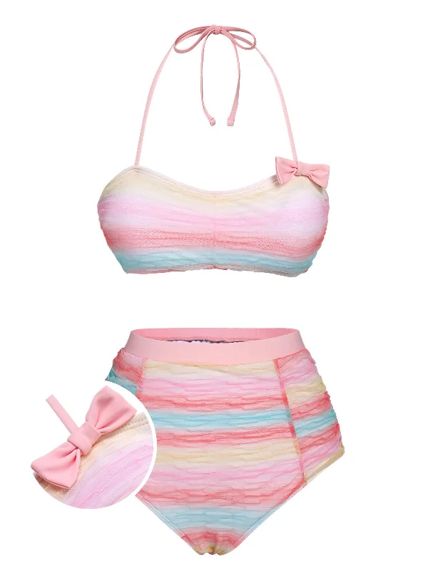 Multicolor 1960s Rainbow Mesh Bow Swimsuit Strappy Back Bikini
