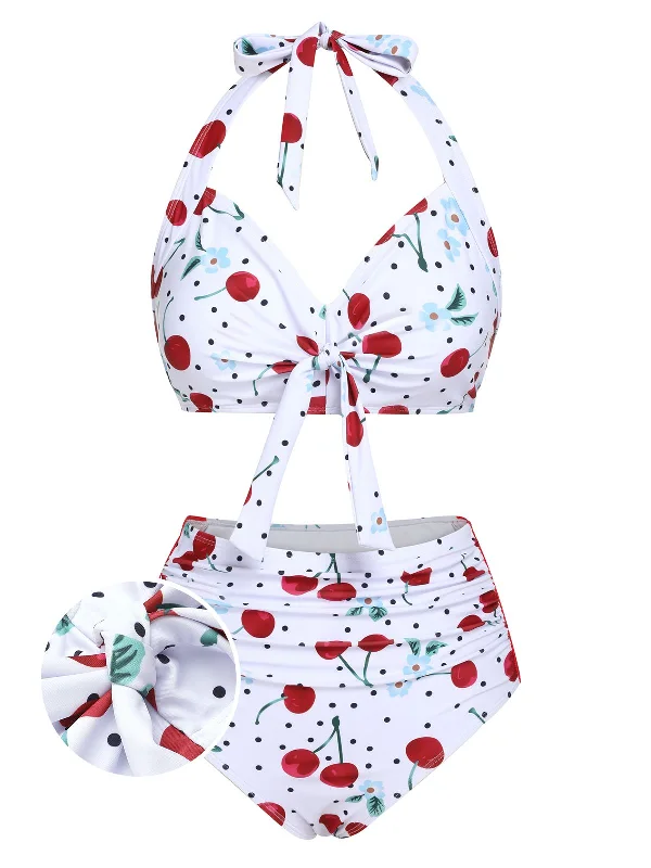 White 1950s Cherry Lace-Up Halter Swimsuit Quick-Dry Tankini