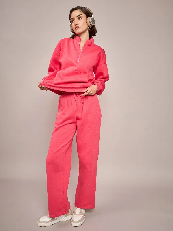 Women Pink Fleece Front Zipper Sweatshirt With Track Pant Classic Chino Pants