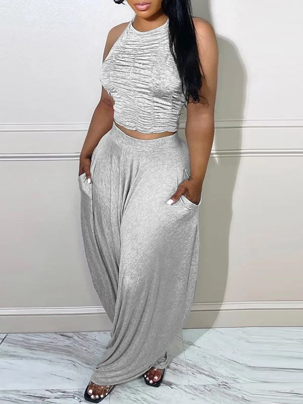 Solid Halter Top & Slouchy Pants Set--Clearance Trendy Velvet Pants