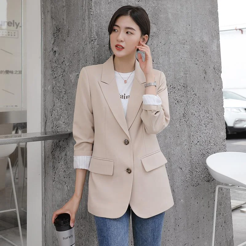 Peonfly 2022 Autumn Blazer Jacket Women Casual Korean Pockets Long Sleeve Coat Office Ladies Solid Loose Blazer Notch Collar Jacket Peter Pan Collar Jacket Cowl Neck Jacket