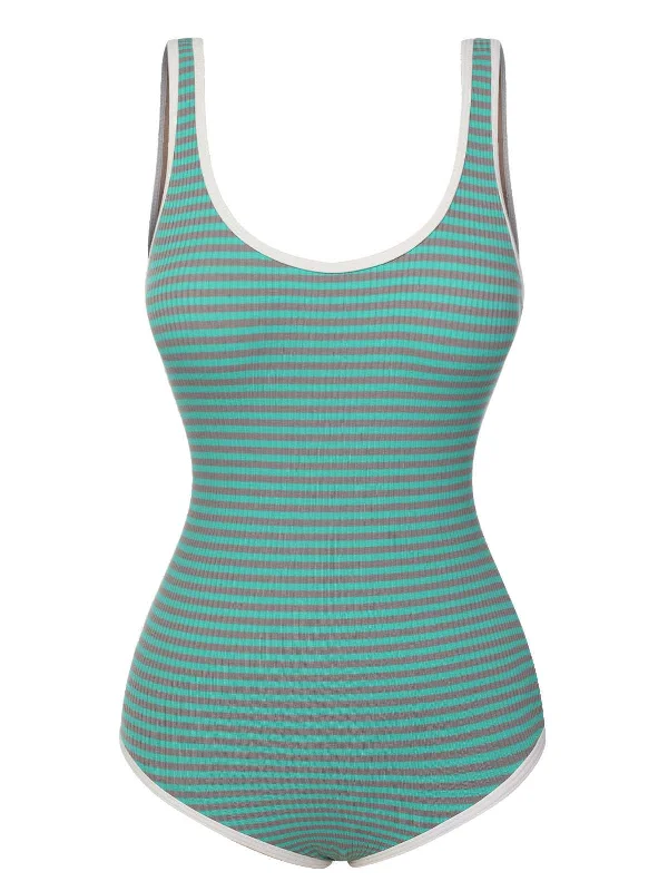 Green 1950s Stripes Backless One-Piece Swimsuit Vintage Swimwear Look