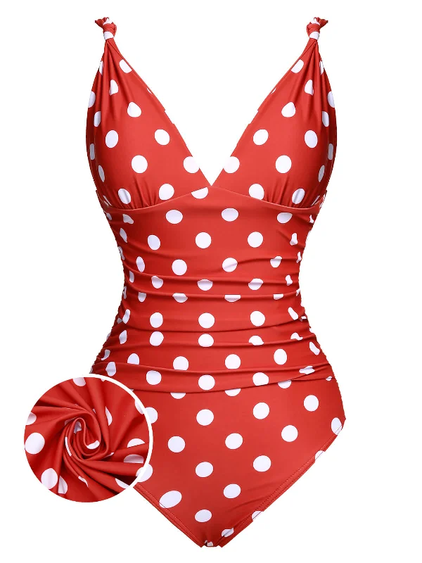 Red 1930s Polka Dot V-Neck Swimsuit High-Waisted Swim Bottoms
