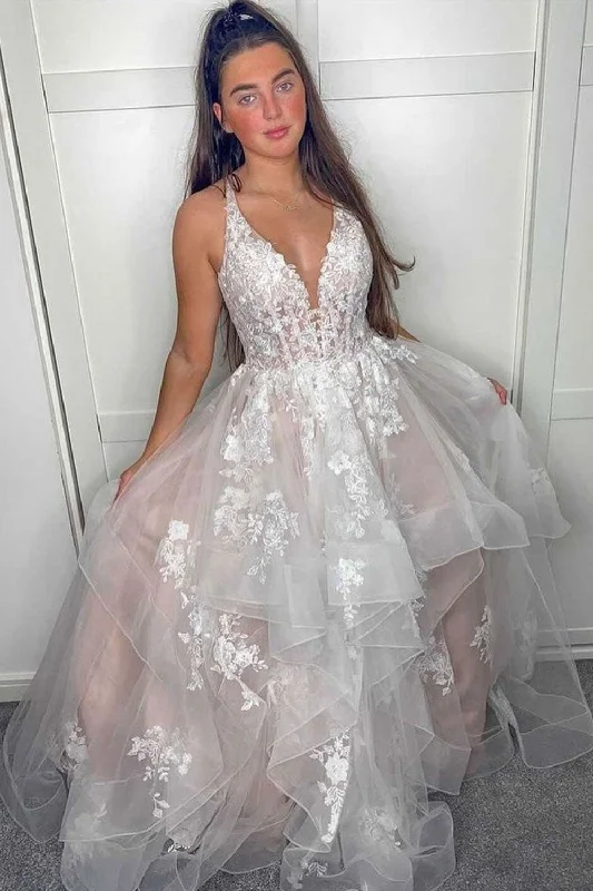 V Neck A Line Lace Appliques Long Prom Dress Formal Party Dress Evening Dress OK1274 Tunics Bestseller popular