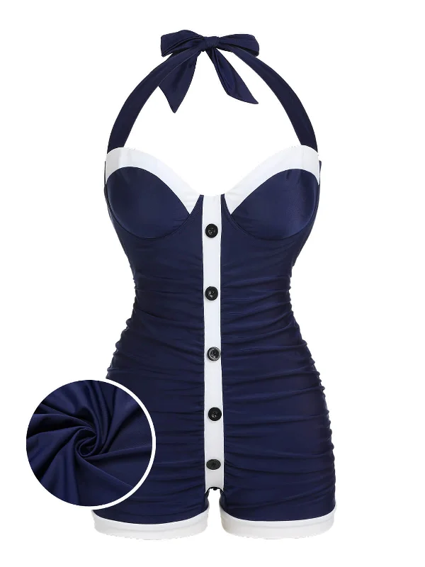 [Plus Size] Navy Blue 1950s Pleated Halter Swimsuit Sexy Monokini Swimsuit
