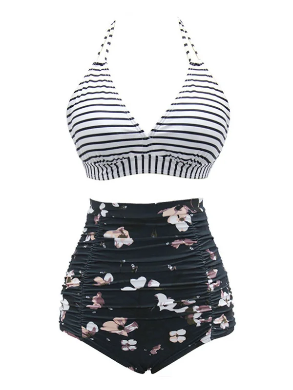 Black 1950s Halter Floral Stripes Swimsuit Plus-Size Bikini Set