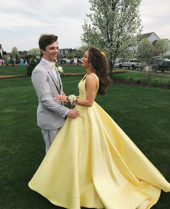 Yellow Satin V Neck A-Line Long Prom Dress Formal Party Dress,DP896 Tunics Modern contemporary