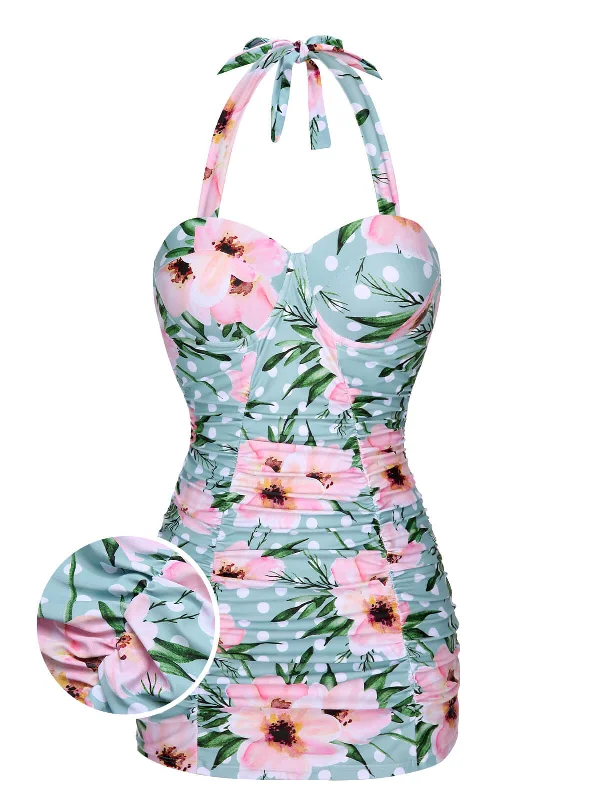 Green & Pink 1930s Floral Polka Dot Halter Swimsuit Bold Swimsuit Design