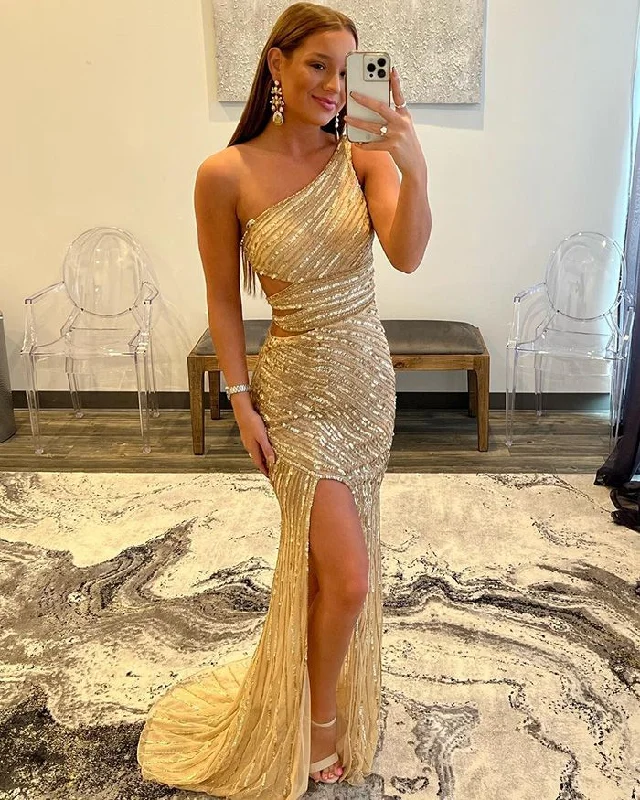 Gold One Shoulder Sequined Long Prom Party Dress,DP1050 Boatneck Modish Everyday