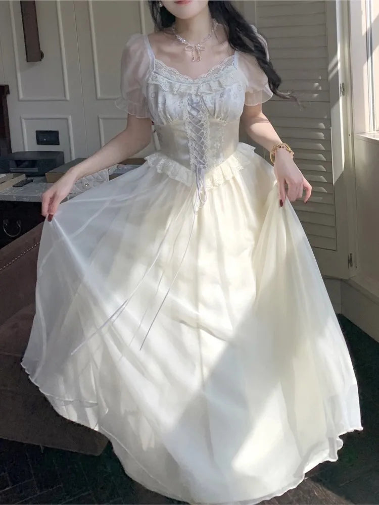 Advbridge Elegant Princess Birthday Party Dress Puff Sleeve Lace-up A-line Midi Dresses for Women Square Collar Prom Robe Vestidos Mujer Crew Neckline Casual