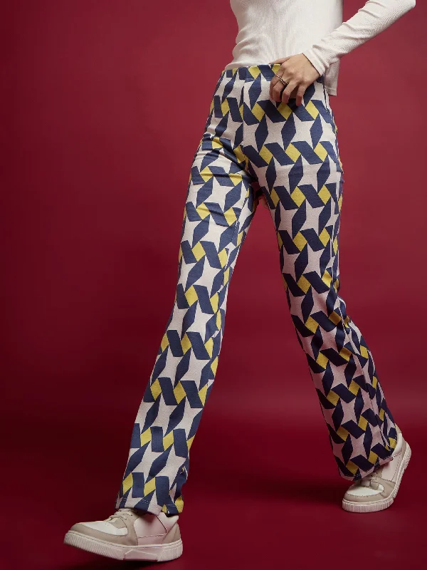 Women Yellow Geometric Print Straight Pants Trendy Tapered Pants