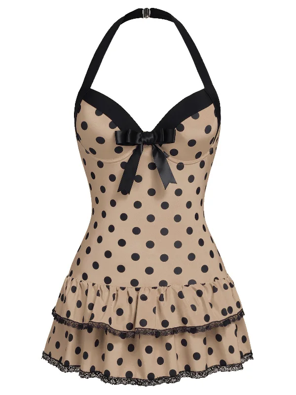 Brown 1940s Halter Polka Dots Bow Swimsuit Tie-Back Swimwear