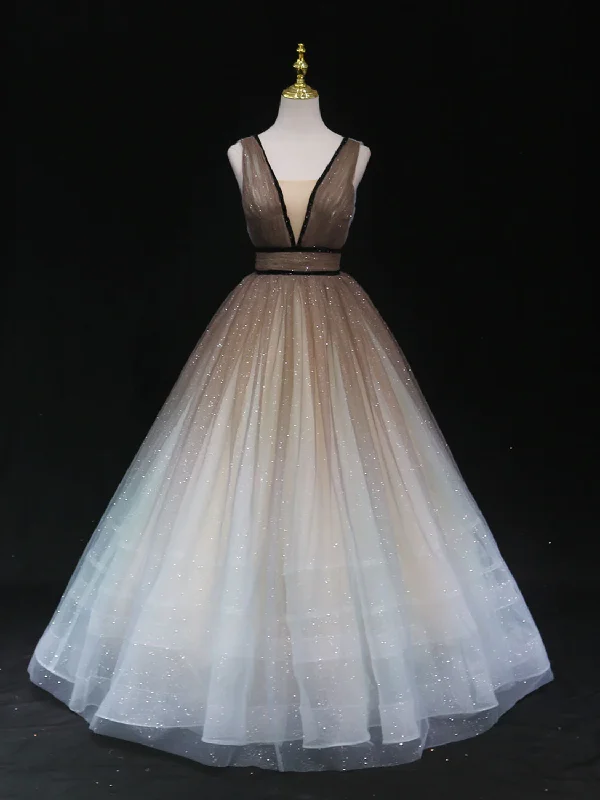 Glitter A-Line V Neck Tulle Long Prom Dress Tulle Long Formal Party Dress,DP1565 High-Low Hemline Casual
