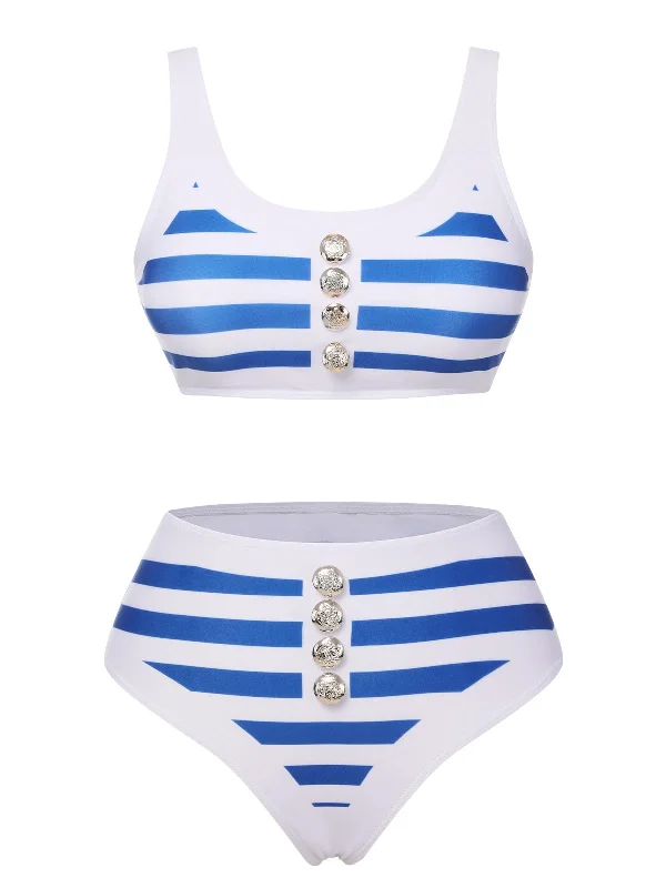 Blue & White 1950s Stripes Buttons Swimsuit Comfortable Tankini Set