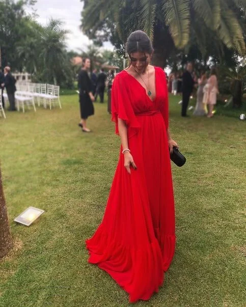 Elegant V Neck Half Sleeves A-Line Long Party Dress Wedding Guest Dress,DP1872 Tunics Trousers formal