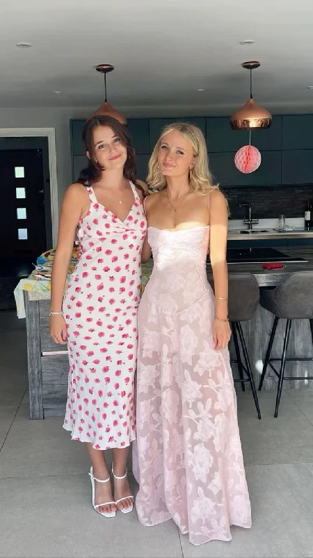 Light Pink Spaghetti Straps A-Line Long Party Dress, DP2151 Tunics Floral girly