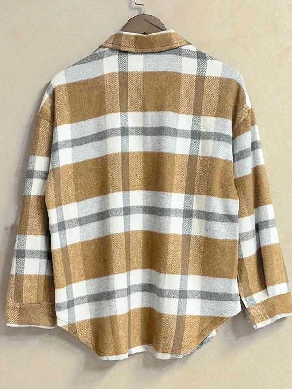 Brown Gray White Plaid Shirt Jacket Oversized Jacket Tailored Jacket Straight Jacket Brown Gray White Plaid Shirt Jacket Oversized Jacket Tailored Jacket Straight Jacket