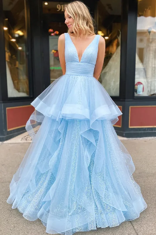 Light Blue V Neck Tulle Layers A-Line Long Prom Dress Formal Party Dress,DP1284 Tunics Running lightweight