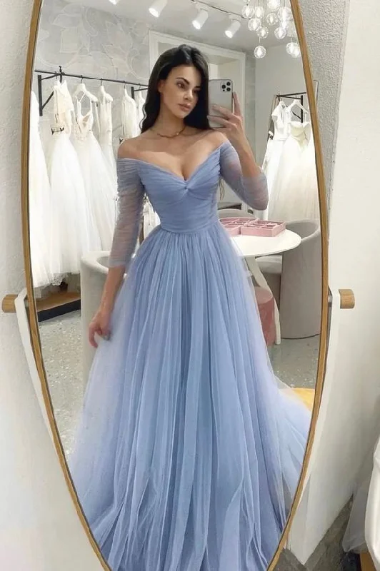 Tulle A-Line Off Shoulder Long Prom Dress Evening Party Dress,DP1646 Off-the-shoulder Bohemian Festive