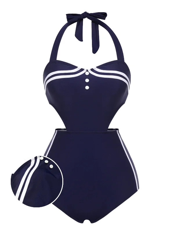 Navy Blue 1930s Halter One-piece Swimsuit Crisscross Back Swimsuit