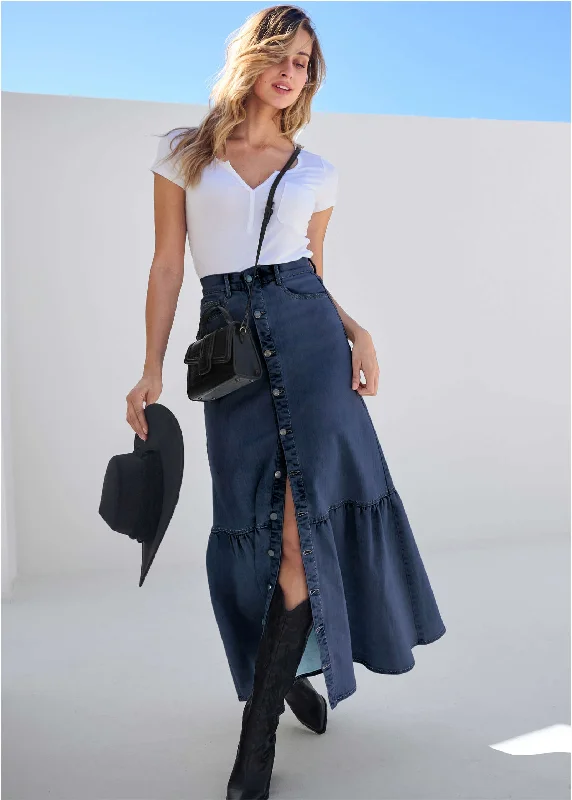 Denim Button Down Skirt - Dark Wash silk skirt lustrous