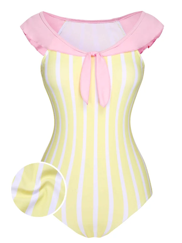 Yellow & Pink 1940s Stripe One-Piece Swimsuit Beachy Ruffle Bikini