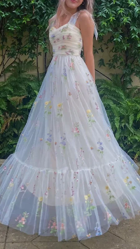 White A-Line Straps Floral Embroidery Long Party Dress,DP1900 Tunics Stylish modern
