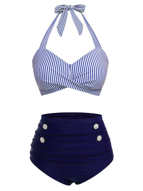 Blue 1940s Striped Halter Swimsuit Set Color-Block Bikini