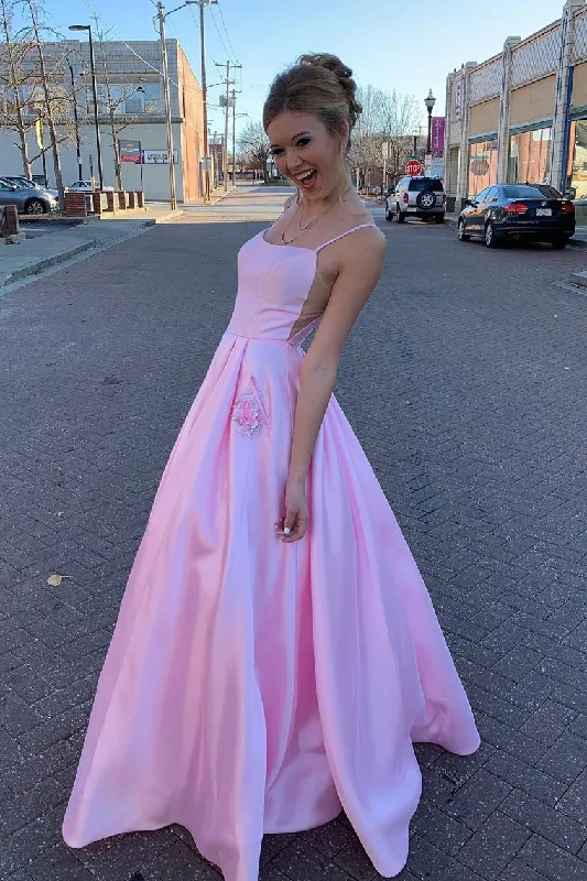 Pink Satin A-Line Beads Long Party Dress with Pockets,DP1287 A-Line Day Work