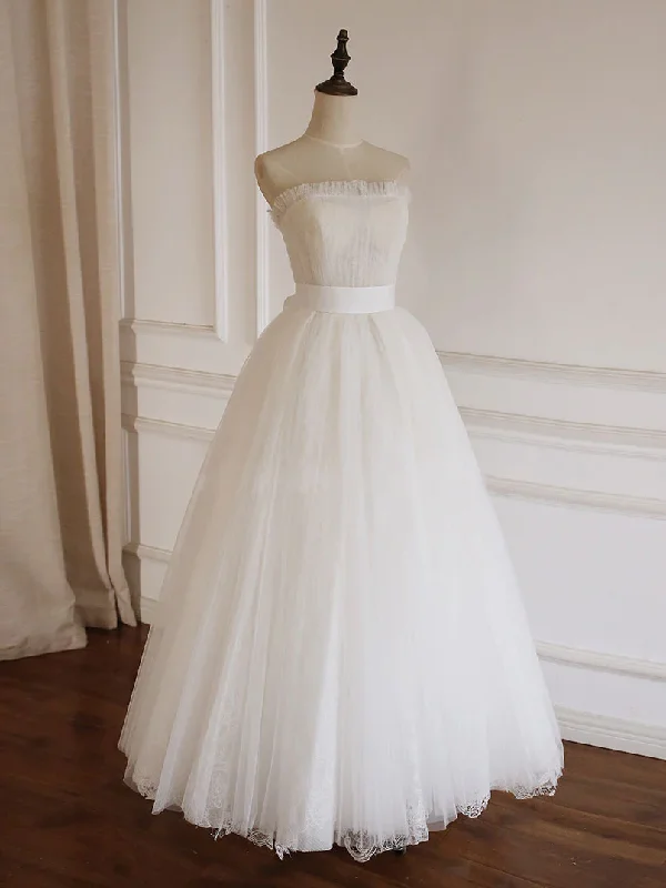 White A-Line Strapless Tulle Lace Long Prom Dress Formal Party Dress,DP1220 Mermaid Tail Wedding