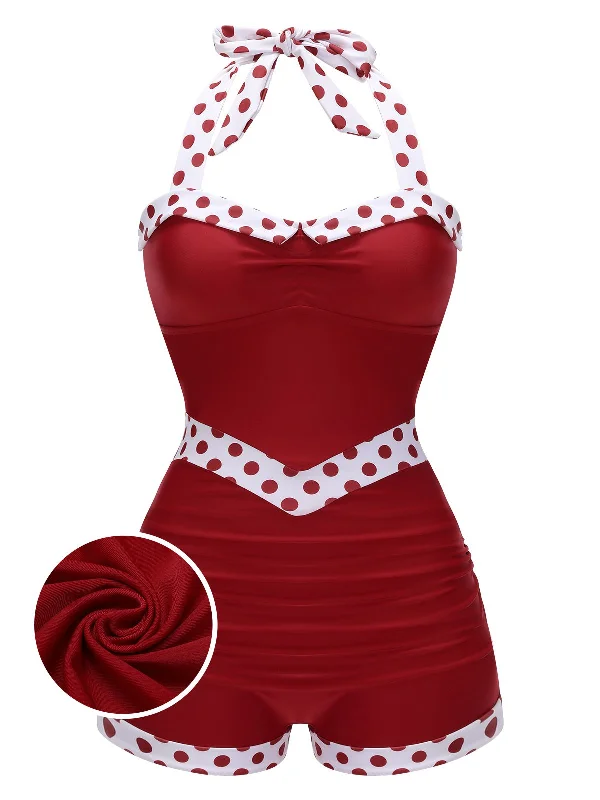 Red 1940s Halter Patchwork One-piece Swimsuit Casual Swim Dress