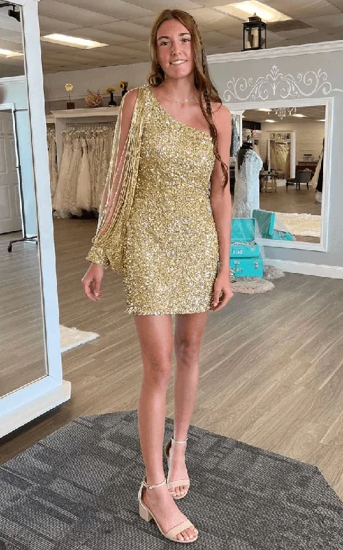 Gold One Shoulder Sequins Shiny Party Dress Homecoming Dress, DP2165 Tunics Chic fashionable