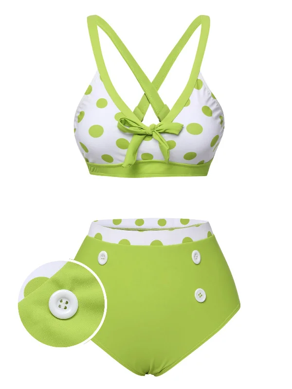 Green 1950s Polka Dot V-Neck Swimsuit Quick-Dry Swimsuit