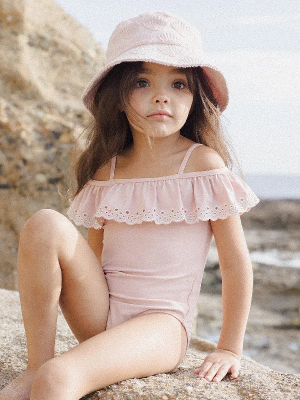 Rylee & Cru Off The Shoulder One-Piece Swimsuit, Pink Push-Up Bikini Bottoms