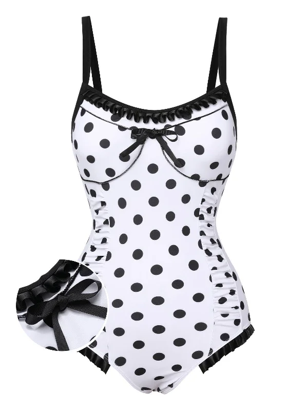 White 1950s Polka Dots Strap Swimsuit Retro Swimwear Style