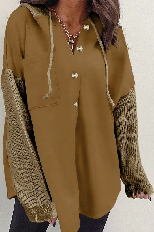 Brown Button Up Contrast Knitted Sleeves Hooded Jacket Snapped Jacket Toggled Jacket Drawstring Jacket