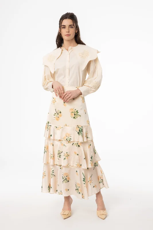 Champagne Floral Ruffle Skirt linen skirt breathable
