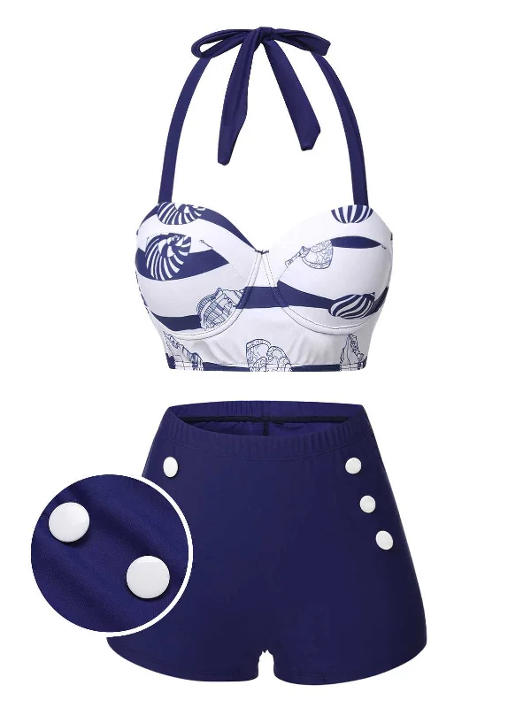 Dark Blue 1940s Halter Ocean Stripes Swimsuit Sporty Swim Shorts