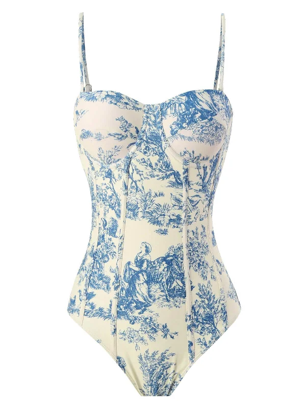 1950s Ink Floral Spaghetti Strap One-Piece Swimsuit Vibrant Bikini Bottoms
