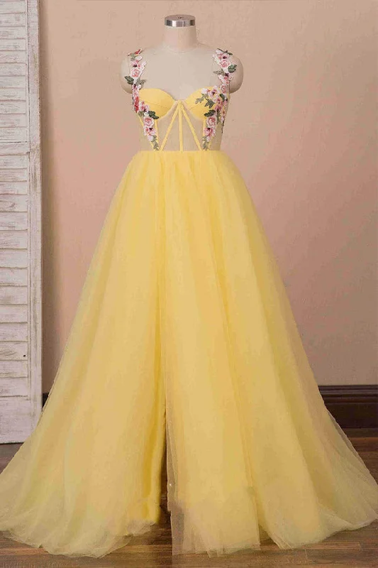 A Line Sweetheart Yellow Tulle Prom Dress Floral Party Dress Tunics Exclusive limited