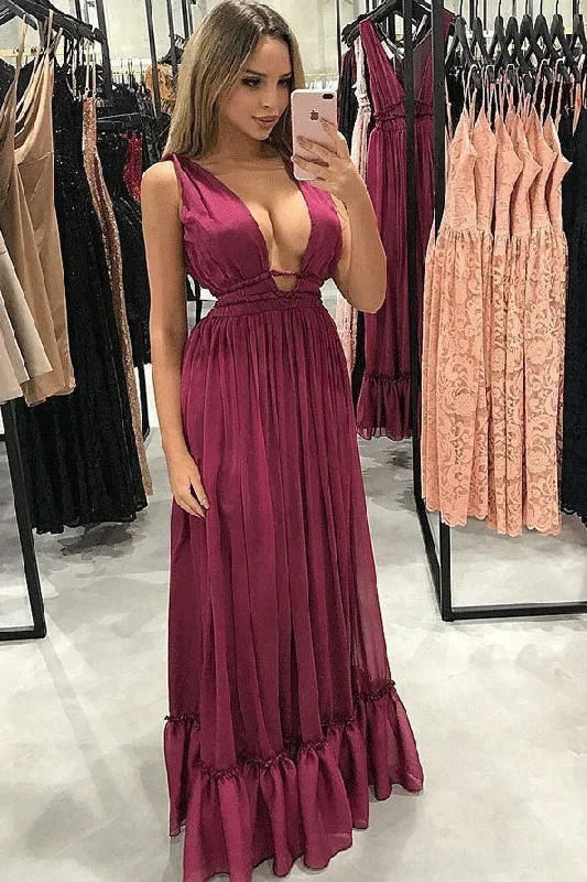 Sexy A-Line V-Neck Pleated Burgundy Chiffon Prom Party Dresses OKF8 Tunics Designer luxury