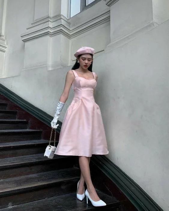 Sweet Pink Strpas A-Line Knee Length Party Dress,DP1823 sweetheart Neckline Romantic